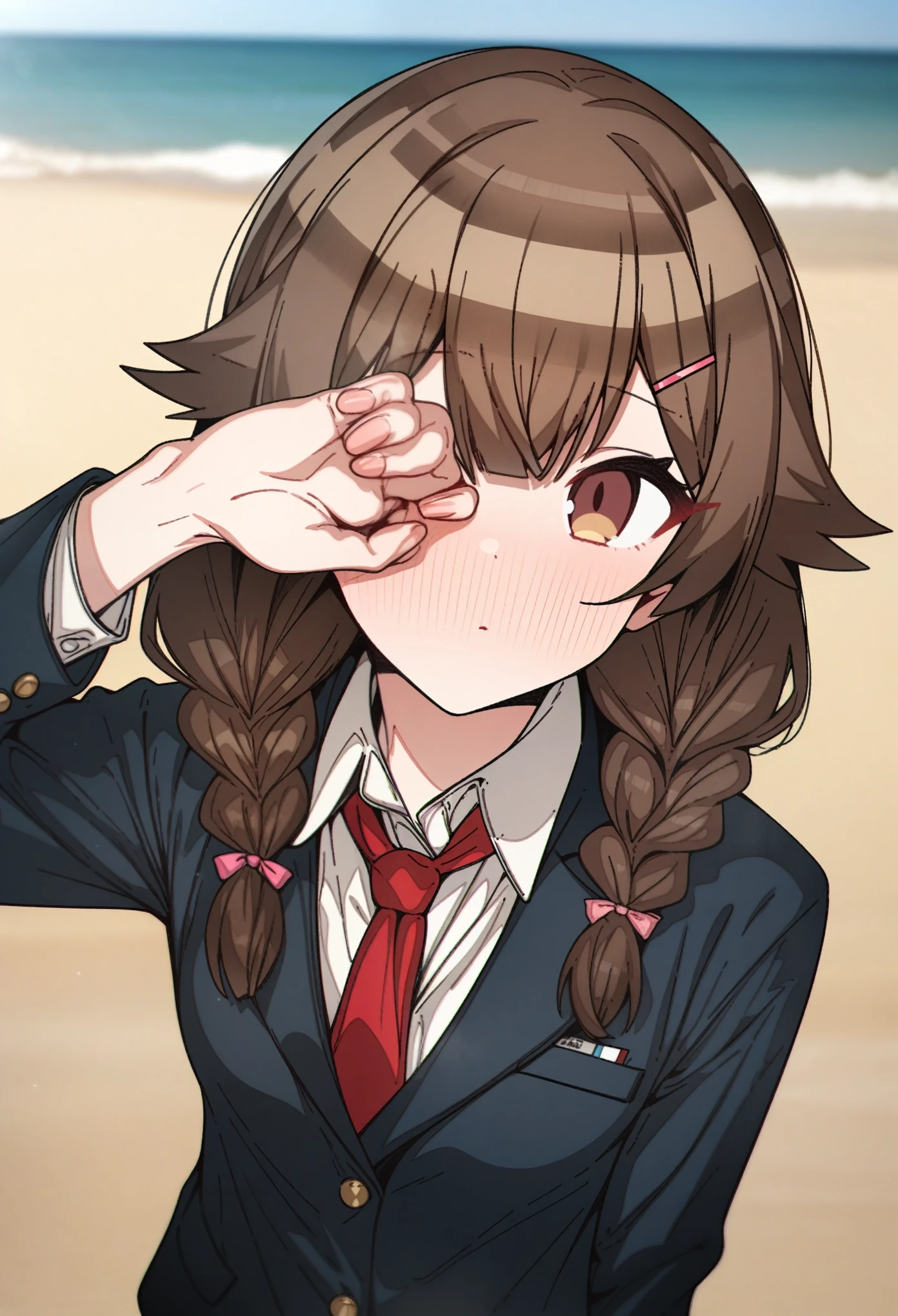hoshino_(blue_archive) with brown hair and brown eyes, Artist, erere, Copyrights, idolmaster, idolmaster_shiny_colors, Character, General, 1girl, brown_hair, blunt_bangs, blush, medium_breasts, breasts, detailed eyelashes, beatiful girl:1, brown_eyes, censored, school_uniform, pleated skirt, blazer, hair_clip, twin_braids, rubbing_eyes, sleepy, red tie, (medium shot photography) (standing in middle, beach), sky:0.7, half-closed_eyes, detailed, sand, outdoors, looking_at_viewer, masterpiece, best_quality, great_quality, girl, solo, center_composition, centered character, cute
