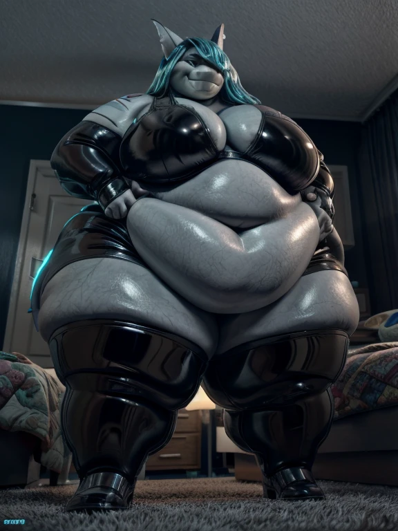 masterpiece, best quality, an incredibly obese anthro shark girl standing in a bedroom, obese, anthro, shark, female, incredibly obese, ssbbw, bbw, latex thigh-high socks, latex suit, tight clothes, long hair, cyan hair, cyan eyes, grey body, grey skin, colored skin, wicked smile, dominant smile, night, dark bedroom,, low-angle shot, neon color grading, cinematic shot, dynamic lighting, 75mm, Technicolor, Panavision, cinemascope, sharp focus, fine details, 8k, HDR, realism, realistic, key visual, film still, cinematic color grading, depth of field, (anthro:0.1)