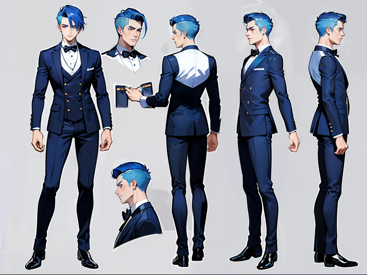 ((Masterpiece, Highest quality)), Detailed Face, Characterd design sheet, Full Body, Details, 1boy blue haired with butler clothes, depth , handsome