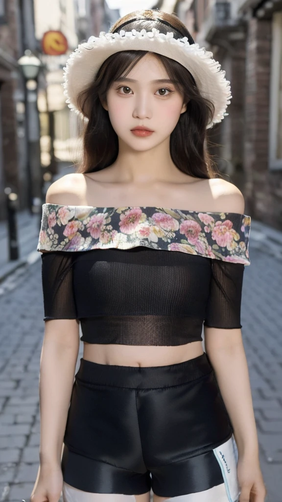 ((best quality, 8K, masterpiece: 1.3)), (Flower Hat: 1.3), focus: 1.2, Perfect body beauty: 1.4, Hips: 1.2, (Layered Hairstyle: 1.2)), (Dark Street: 1.3), Highly detailed face and skin textures, whole body, Delicateeyes, Double eyelids, Skin Whitening, long hair, (Round Face: 1.5), (Loose cropped top, shorts: 1.6)