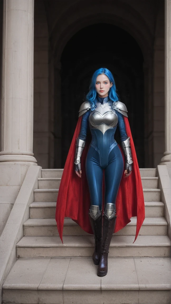 score_9, score_8_up, score_7_up, BREAK,
1girl, armor, bird, blue eyes, blue hair, blush, bodysuit, boots, cape, closed mouth, full body, gauntlets, long hair, looking at viewer, shiny, shiny hair, solo, stairs, standing