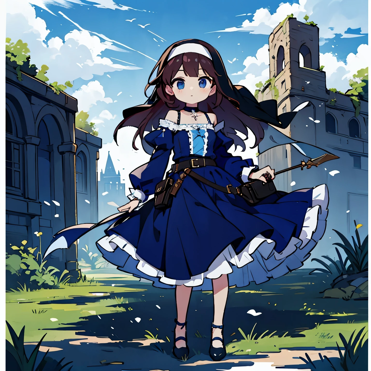 1 girl, fantasy world, ruins, fort, beautiful sky, shining sky, sunshine, camisoles, belts, blue clothes, cross choker, wind blowing dress, lace dress, off-shoulder sleeves, nun, white leg wear