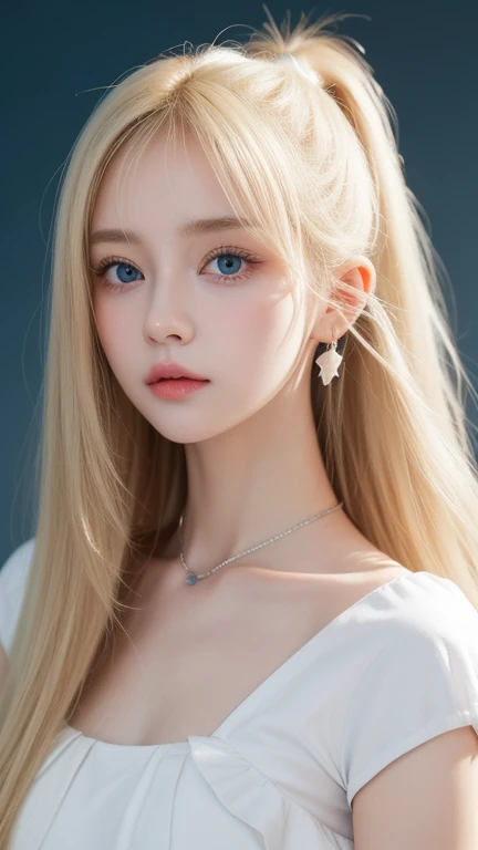 Flat Chest、(Very detailed), Very beautiful platinum blonde super long straight silky hair、Cute white dress,(Frill dress),(Short sleeve),Such beautiful, big, bright blue eyes、Very big eyes,ponytail,Half Up,Upper Body、close、face、かわいらしい笑face,Look forward, 8-year-old, Teenage Girl,No tail,(No tail),2D, masterpiece, highest quality, And soul, Detailed eyes, 詳しいface, blondeの美少女、Just One,blondeのスーパーロングストレートヘア, (blonde), Bangs between the eyes、faceの中心に髪、片Hair above the eyes、Hair above the eyes、Ear hair, , Single Blade, (Single Blade), (Side Blade), Pink Ribbon, Ribbon on neck, (White sleeves), Background blur、小face美少女、Cheek highlight