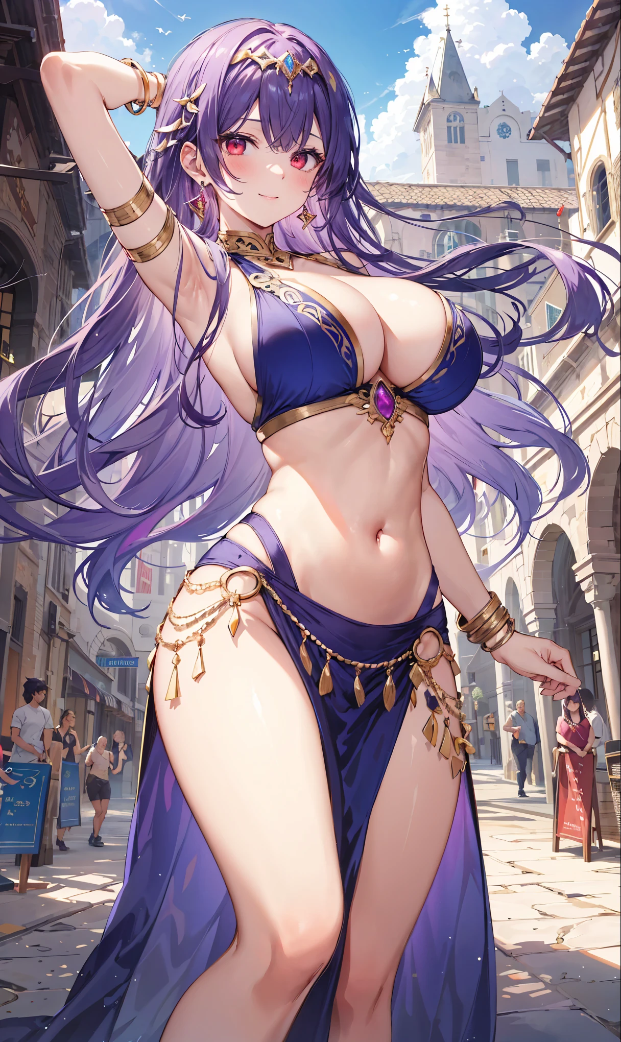 high quality, ultra detailed, best quality, insanely detailed, beautiful, masterpiece, 1girl, medieval plaza, cowboy shot, red eyes, long hair, purple hair, belly dancer, circlet, earrings, armlets, bracelets, bashful smile, large breasts, cleavage, soft stomach