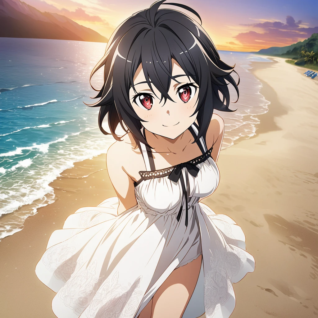 Hyakuya Mikaela \(Sword Art Online\), (long black hair), (rose red eyes):1.2, summer dress, bangs, smiling brightly, ((ultra-detailed)), ((illustration)), ((neat hair)), (beautiful detailed eyes), female, 1girl, standing, ((beach, sunset)), looking at viewer