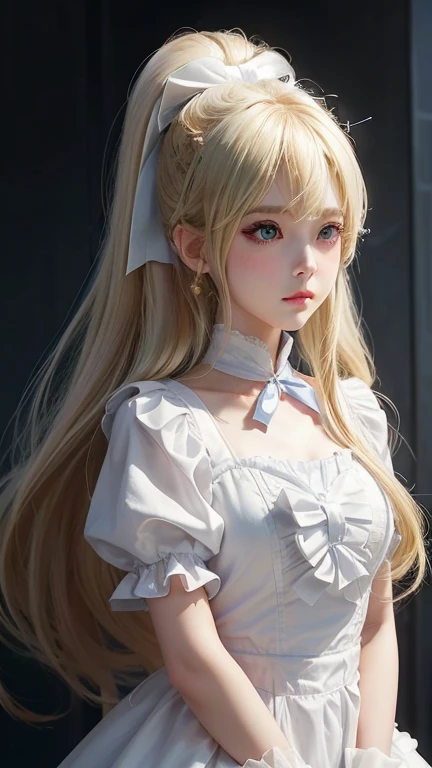 Flat Chest、(Very detailed), Very beautiful platinum blonde super long straight silky hair、Cute white dress,(Frill dress),(Short sleeve),Such beautiful, big, bright blue eyes、Very big eyes,ponytail，Half Up，Upper Body、close、face、かわいらしい笑face,Look forward, 8-year-old, Teenage Girl,No tail,(No tail),2D, masterpiece, highest quality, And soul, Detailed eyes, 詳しいface, blondeの美少女、Just One,blondeのスーパーロングストレートヘア, (blonde),  Bangs between the eyes、faceの中心に髪、片Hair above the eyes、Hair above the eyes、Ear hair, , Single Blade, (Single Blade), (Side Blade), Pink Ribbon, Ribbon on neck, (White sleeves), Background blur、小face美少女、Cheek highlight