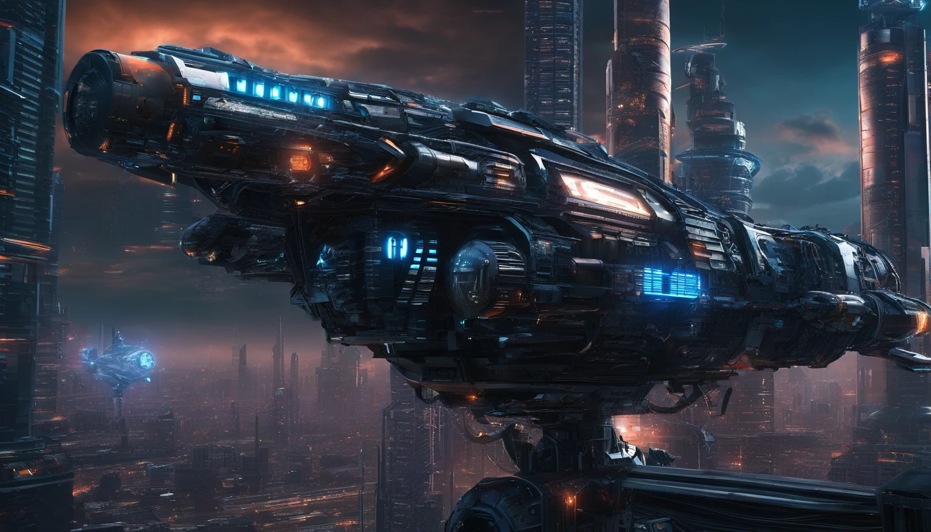 In the heart of a vibrant, futuristic cityscape, an intricately designed, metallic mechanical male robot stands tall amidst the towering skyscrapers. The city is bathed in cool, toxic blue hues, adorned with holographic advertisements and complex, biomechanical structures. The robot's intricate circuitry and wires give off a sense of advanced technology, while the background showcases a dark fantasy environment with sci-fi starships flying near a planet reminiscent of Saturn. The overall design is a blend of cyberpunk, dark fantasy, and science fiction, with sharp focus and highly detailed elements. This captivating scene is inspired by the works of James Cameron, Larry Niven and Ridley Scott.