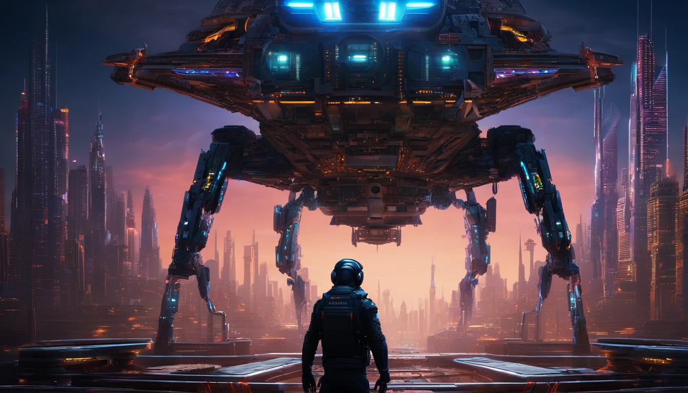 In the heart of a vibrant, futuristic cityscape, an intricately designed, metallic mechanical male robot stands tall amidst the towering skyscrapers. The city is bathed in cool, toxic blue hues, adorned with holographic advertisements and complex, biomechanical structures. The robot's intricate circuitry and wires give off a sense of advanced technology, while the background showcases a dark fantasy environment with sci-fi starships flying near a planet reminiscent of Saturn. The overall design is a blend of cyberpunk, dark fantasy, and science fiction, with sharp focus and highly detailed elements. This captivating scene is inspired by the works of James Cameron, Larry Niven and Ridley Scott.