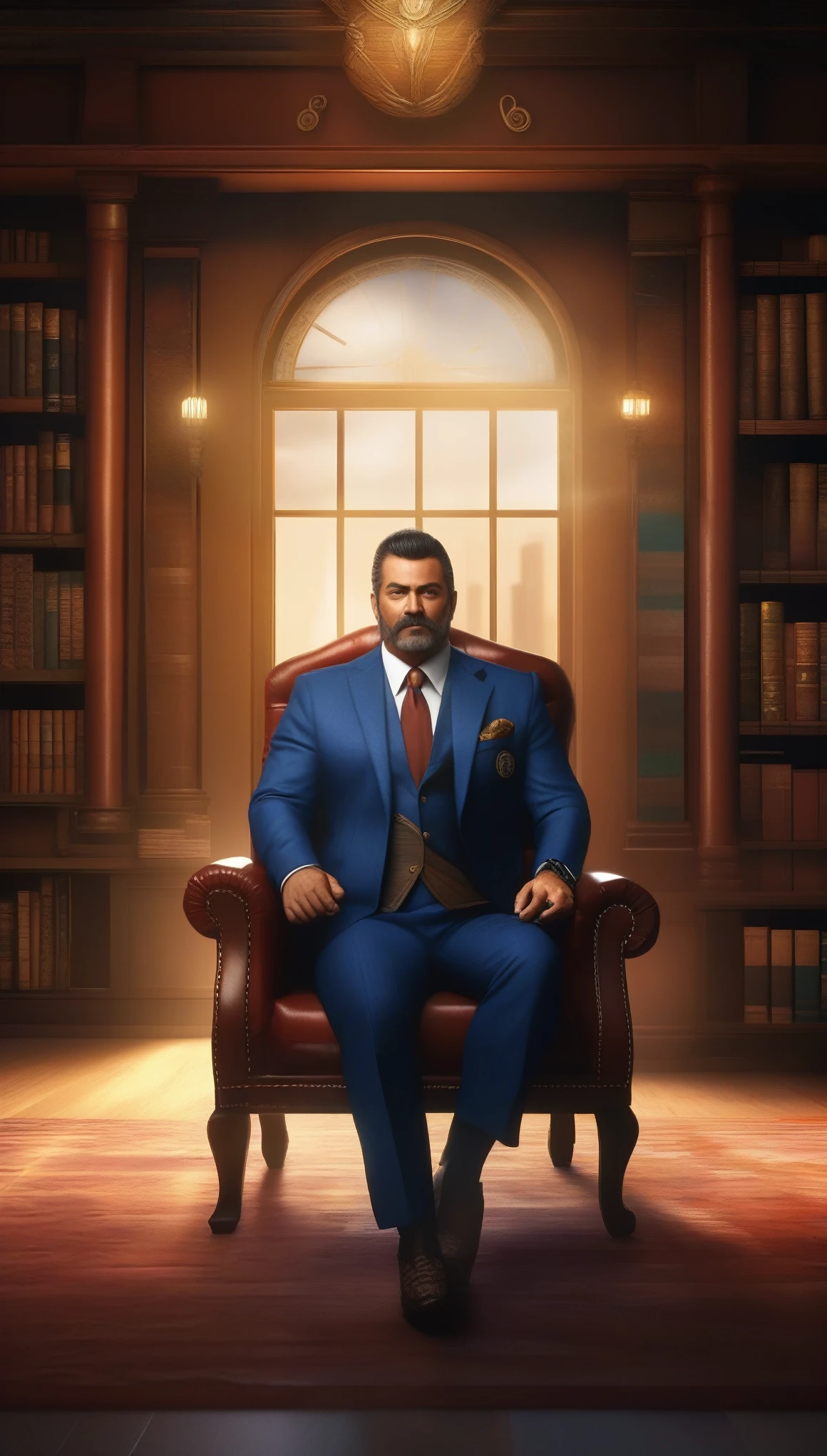 A captivating 3D illustration of a distinguished 50-year-old Mexican gentleman, seated confidently in a luxurious armchair. He sports impeccably groomed dark hair and a self-assured expression, savoring a cigar. Clad in an elegant suit, he exudes authority while enjoying a cigar. The background is a richly textured vintage brick wall adorned with the Mexican flag and the 33 Club emblem, adding to the scene's powerful atmosphere. The room is a stately private library, filled with shelves of knowledge and historical artifacts, creating an air of wisdom. A banner declares his title as the "Sovereign Grand Commander Baja." At his feet, his loyal dog rests, providing a sense of warmth to the scene. The image has a cinematic quality, masterfully blending elements of heritage, wisdom,, poster, painting, typography, cinematic, illustration, vibrant, 3d render
