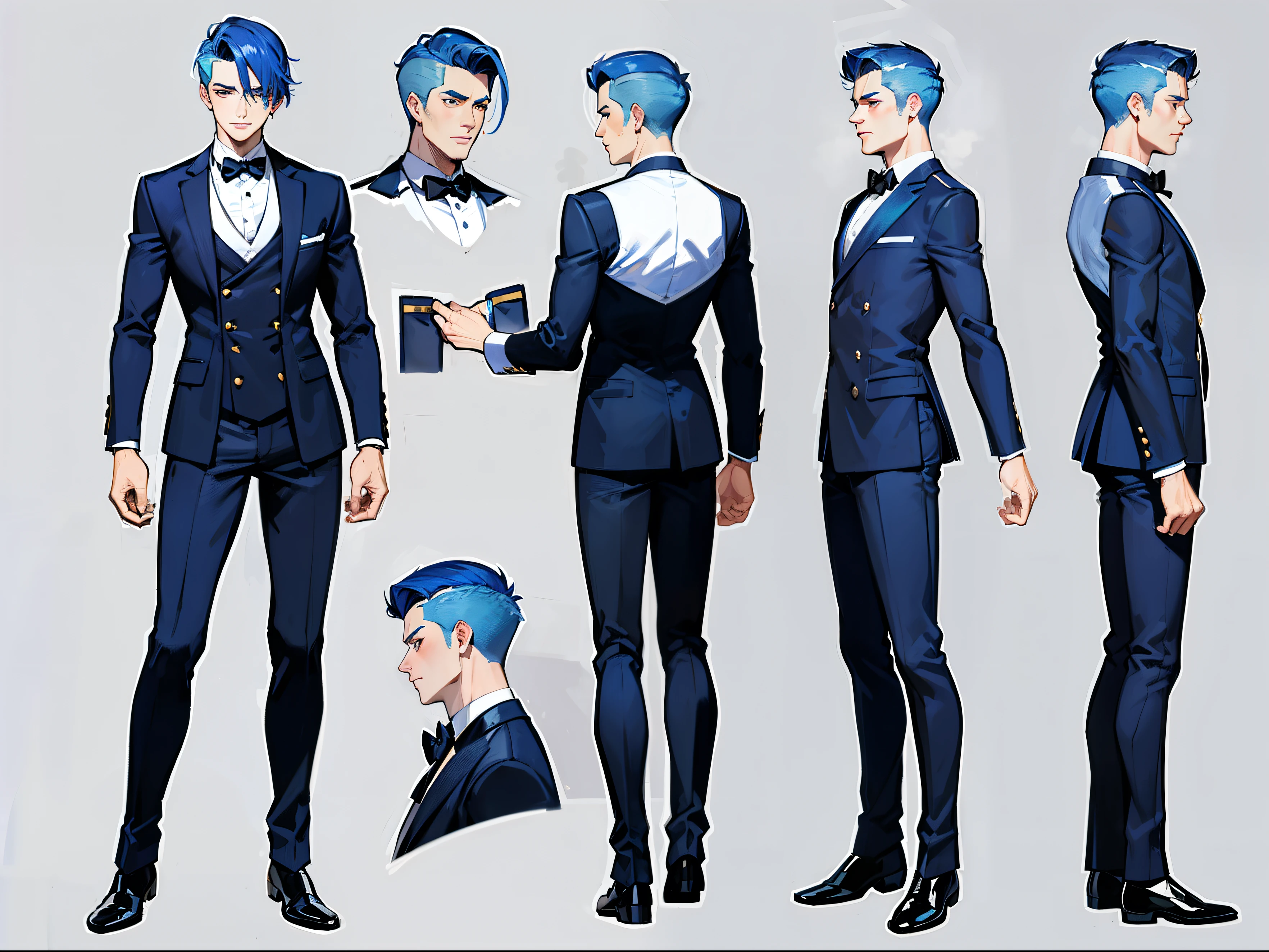 ((Masterpiece, Highest quality)), Detailed Face, Characterd design sheet, Full Body, Details, 1boy blue haired with butler clothes, depth , handsome
