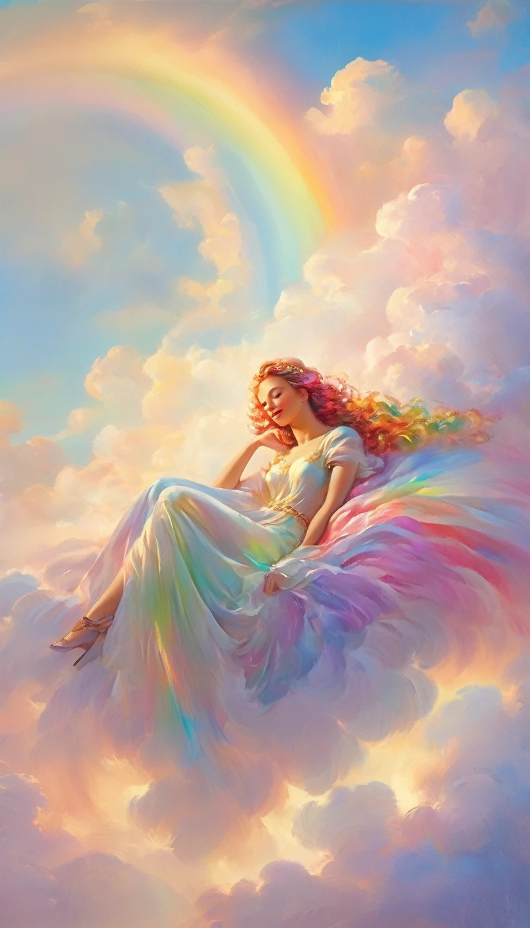 A stunningly ethereal woman, composed of a dazzling array of rainbow hues, reclines gracefully at the end of a radiant rainbow amidst the fluffy clouds in the sky. Bathed in dynamic and enchanting lighting, accentuates her vibrant, full-bodied form. Fantasy art. Masterpiece 