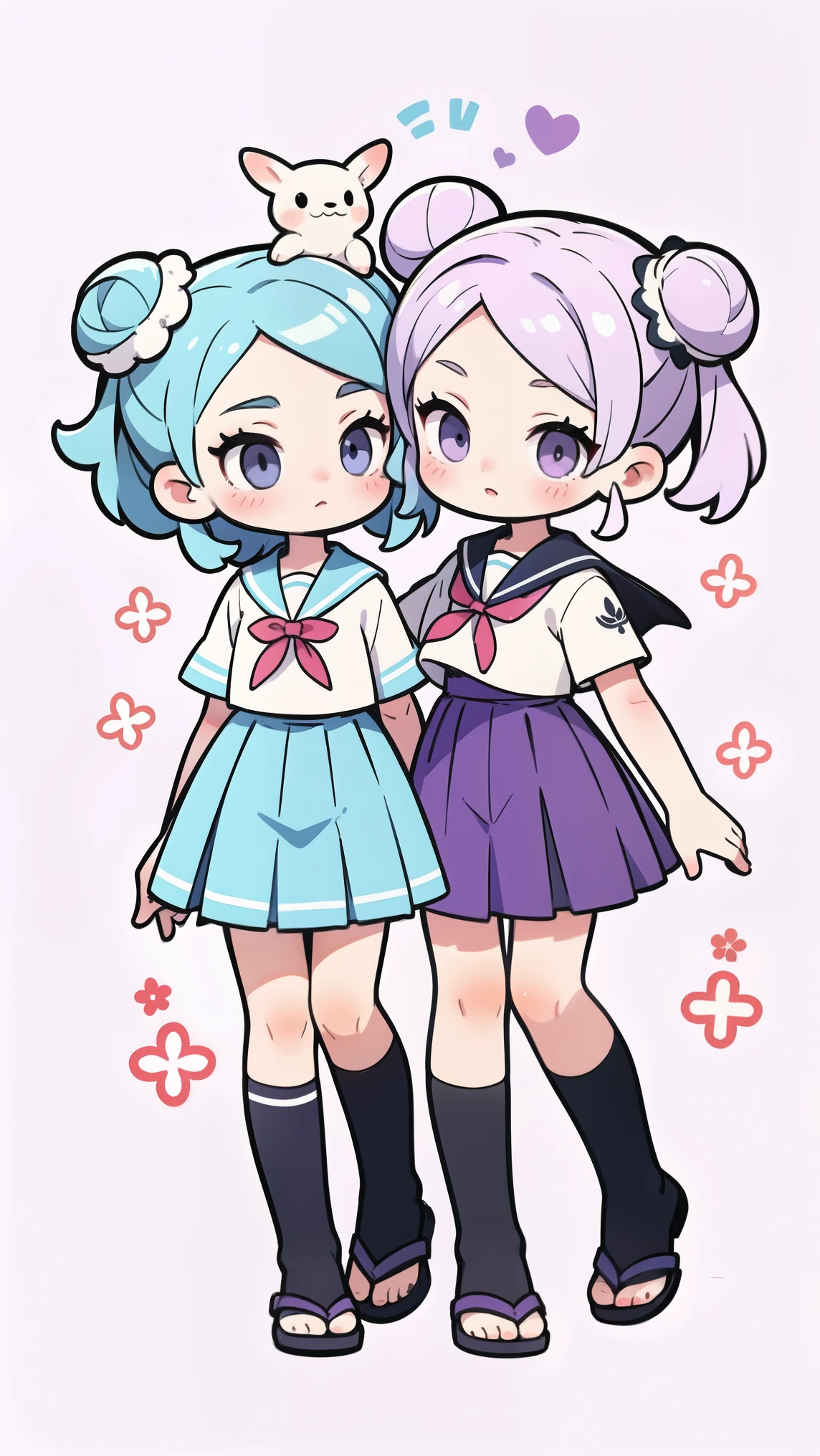 Anime style, two-headed girl, sailor uniform, two buns on her head, the buns have the Japanese character "sedori" written on them, light purple hair, full body, the girl is