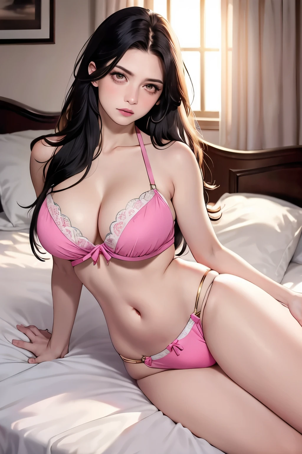 best quality, best resolution, masterpiece, ultra detailed, beautiful lady, black hair, long hair, golden eyes, pink lips, indoors, inside a room, sunlight, bright light, ashamed expression, large breasts, large hips, large buttocks, flowing hair, lying down on a bed, full body, frontal view,  