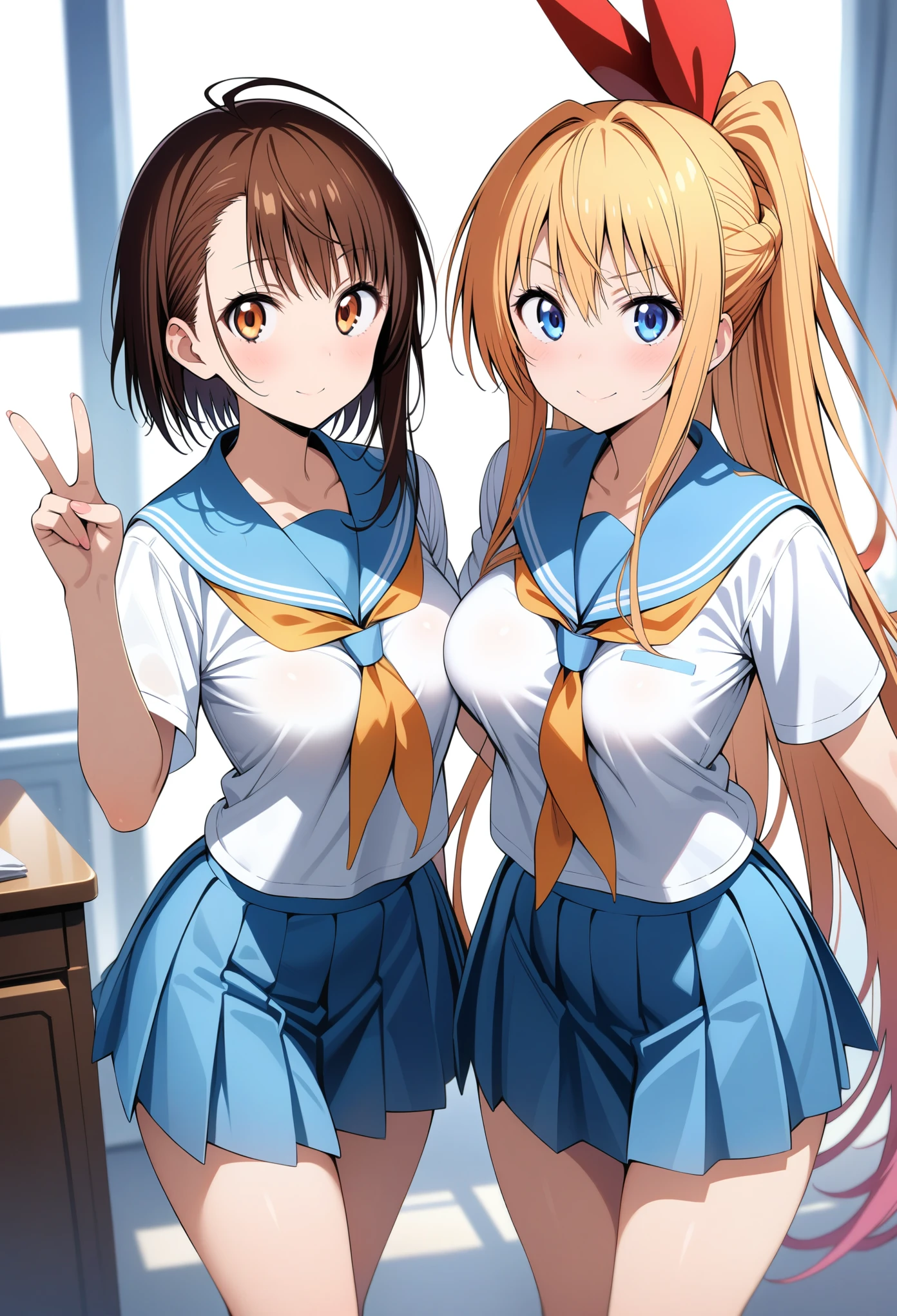 masterpiece, best quality, ultra detailed, very aesthetic,
2girls, kirisaki chitoge, onodera kosaki, nisekoi, looking at viewer, side-by-side, standing, , serafuku, white shirt, blue skirt, v,