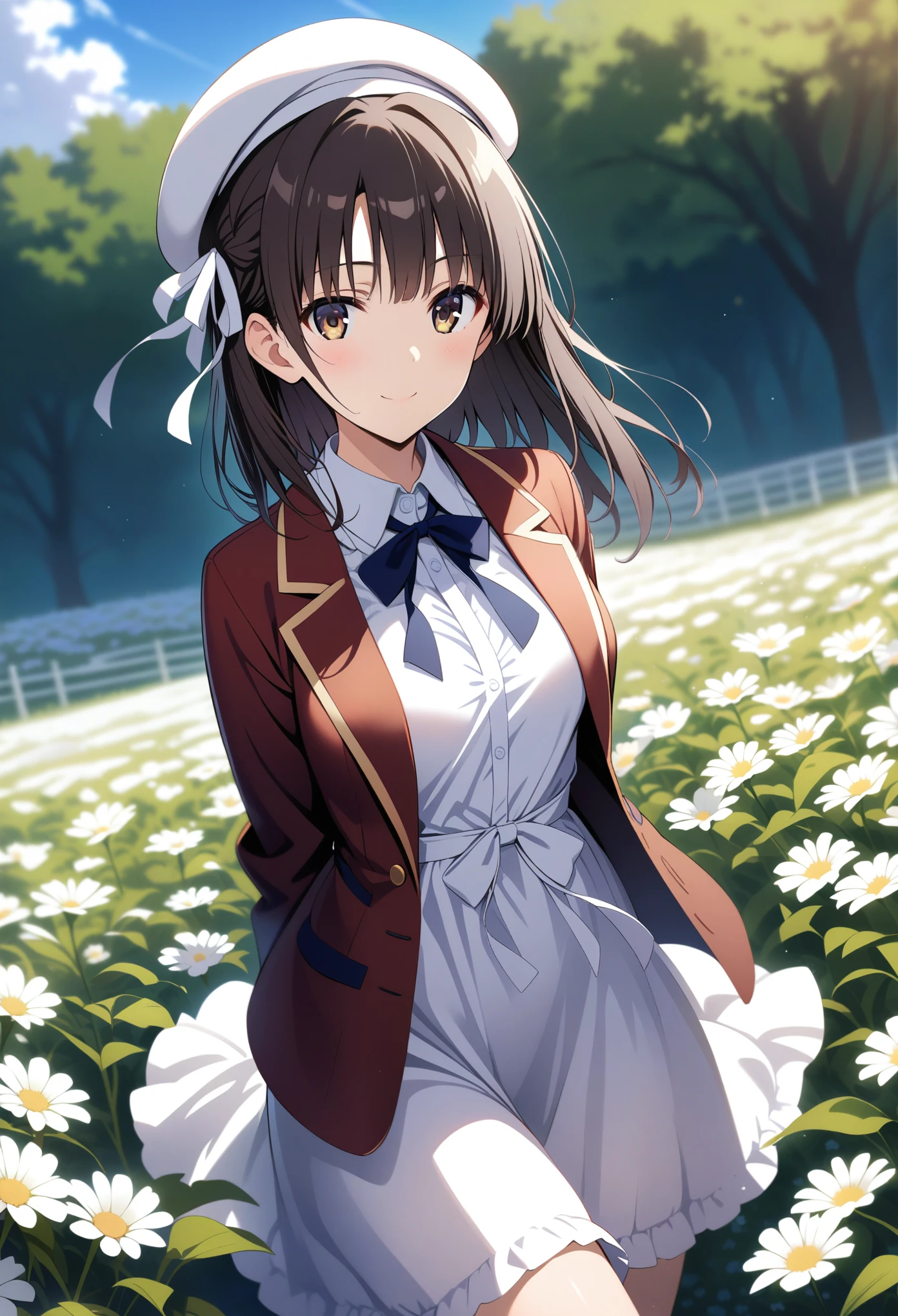 masterpiece, best quality, ultra detailed, very aesthetic,
1girl, katou megumi, saenai heroine no sodatekata, brown hair, brown eyes, collared dress, white dress, ribbon, jacket, beret, smile, looking at viewer, outdoors, flower field, sky,