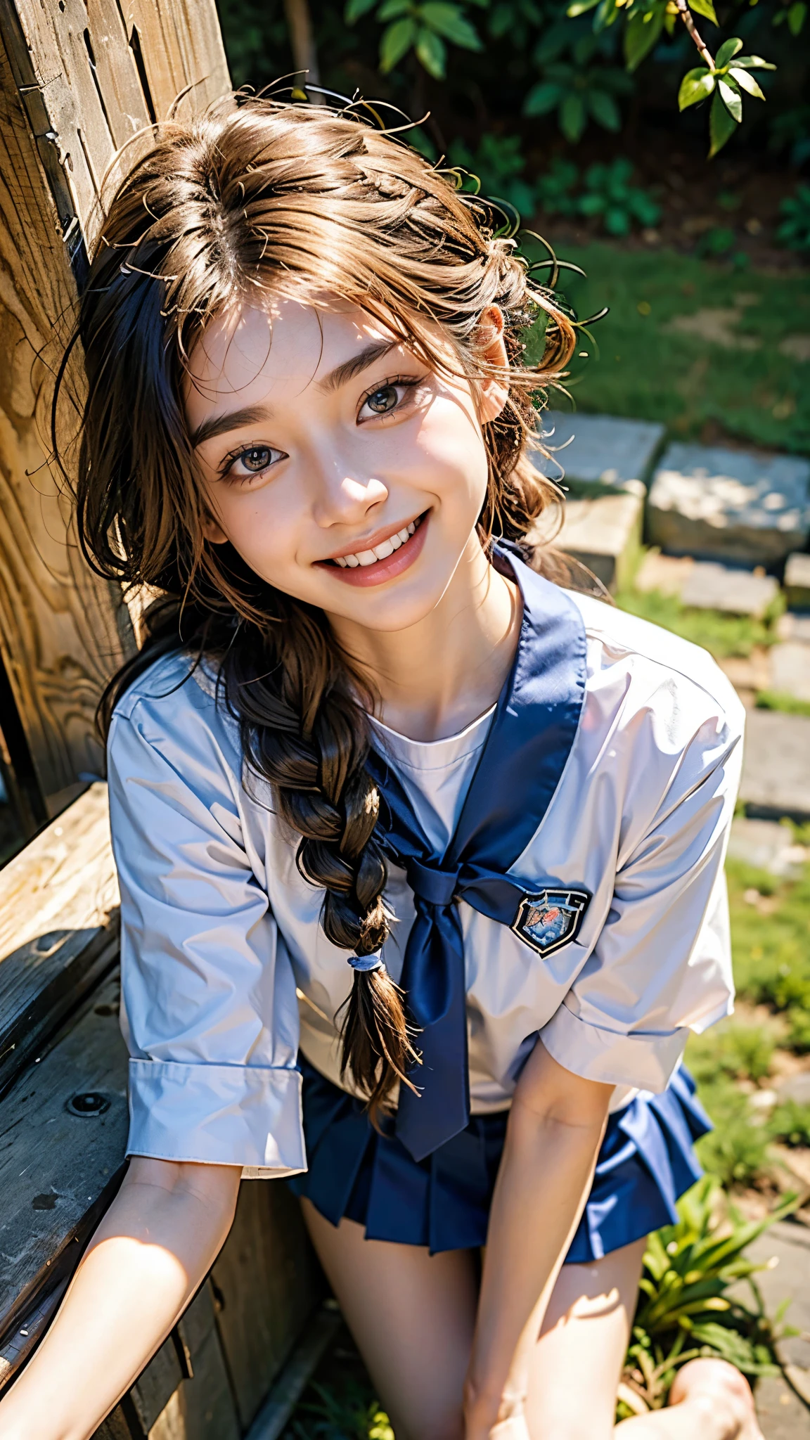 highest quality, masterpiece, Ultra-high resolution,8k, (Realistic:1.6), (Facing portraits) RAW Photos, 1 girl,(Smiling and winking, showing his teeth)), 22 years old,((Beautiful feet)),((Miniskirt Uniform)),((Thin colored ribbon braided hair)),((From above:1.4)),Face Focus:1.4,((Simple solid color background)), Image Media Chest)),((Smiling with teeth showing)),