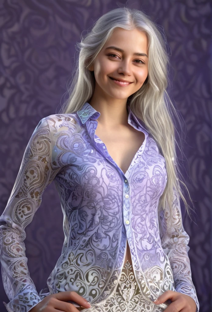 1 young smiling girl in , transparent shirt unbuttoned, deep cleavage, long white hair cascading over bust, slender figure, bottom-up view, intricate ornamental patterns, zentangle motifs, shades of gray and lavender, olive and azure liquids flowing, interplay of light and shadow, realistic anatomy, beautiful hips, (best quality,8k,highres,masterpiece:1.2),ultra-detailed,(realistic,photorealistic,photo-realistic:1.37),HDR,UHD,studio lighting,ultra-fine painting,sharp focus,physically-based rendering,extreme detail description,professional,vivid colors,bokeh,portrait