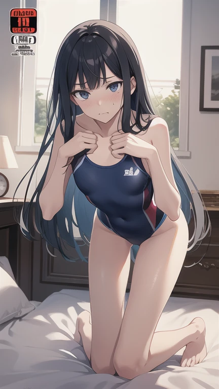 masterpiece,highest quality,High resolution,figure,Super detailed,8k CG wallpaper,Ray Tracing,(Black Hair:1.1),((Long Hair:1.1)),(black eye:1.1),Straight hair,Medium chest,(Urgent 1:0.8),Cover your chest with your hands,Leaning forward,((Embarrassing:1.2)),throw,((Kneel:1.3)),Navy one piece swimsuit,Dark bedroom,bed,Changing clothes,Undressing,Upper body naked