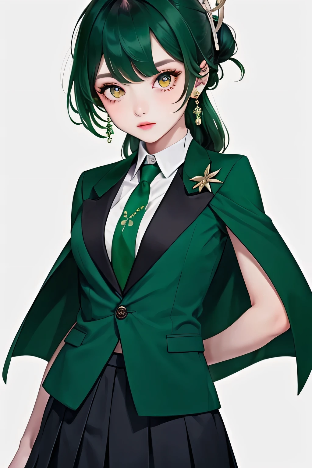 masterpiece, best quality, 1girl, solo, nahida_genshin, cross-shaped pupils, , green tie, blazer, pleated skirt, green cape, standing  