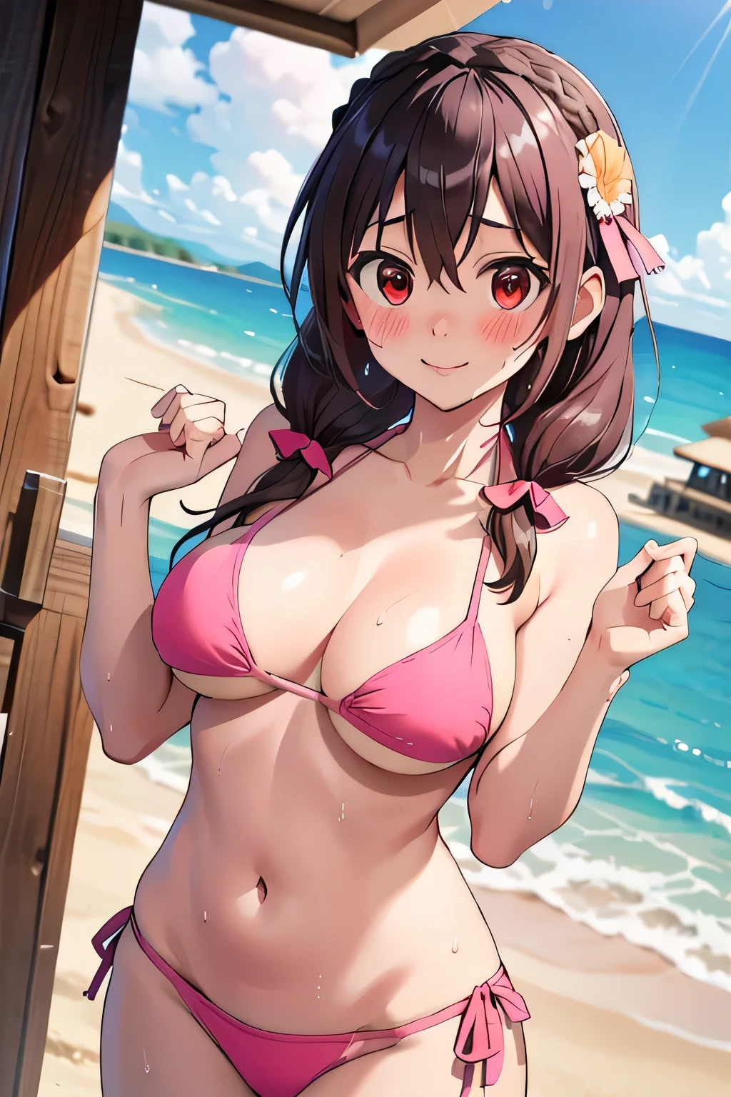masterpiece,highest quality,High resolution,Very detailed,yes,Long Hair,Braiding,Twin tails,Hair between the eyes,Hair Ribbon,hair ornaments,(Big Breasts:1.5),(Pink Bikini:1.5),Seaside sand beach,(The best smile),Sweat,Wet,Red Eyes、Open your mouth a little、(The face blushes:1.2)、Beautiful eyes、dynamic pose、View from below