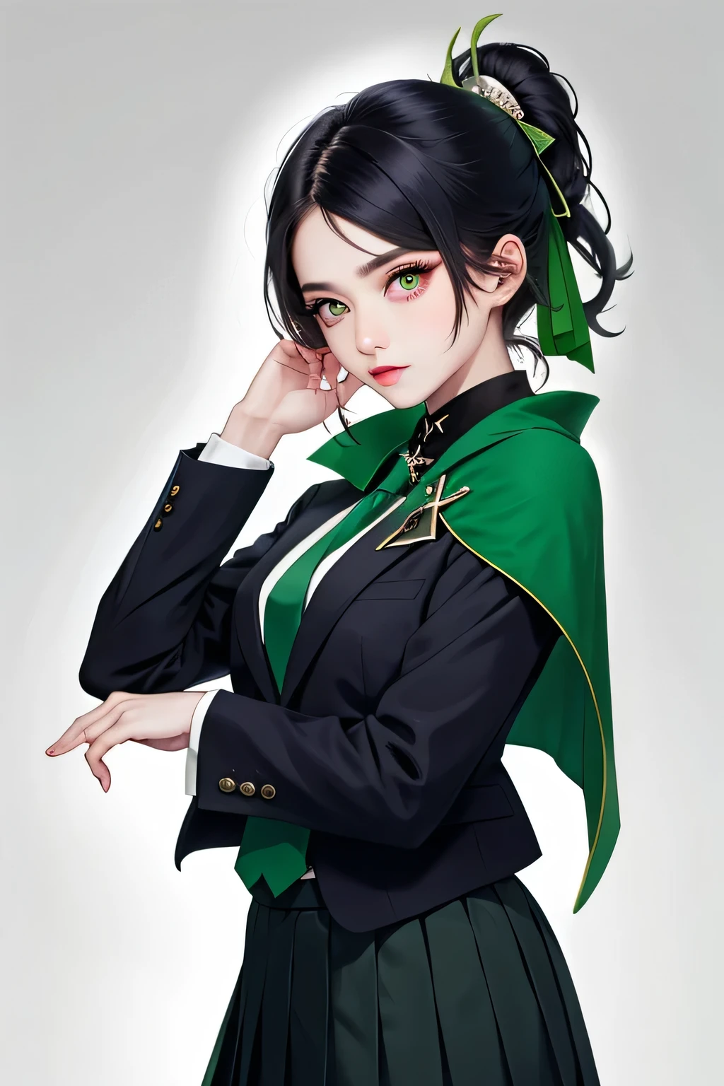 masterpiece, best quality, 1girl, solo, nahida_genshin, cross-shaped pupils, , green tie, blazer, pleated skirt, green cape, standing  