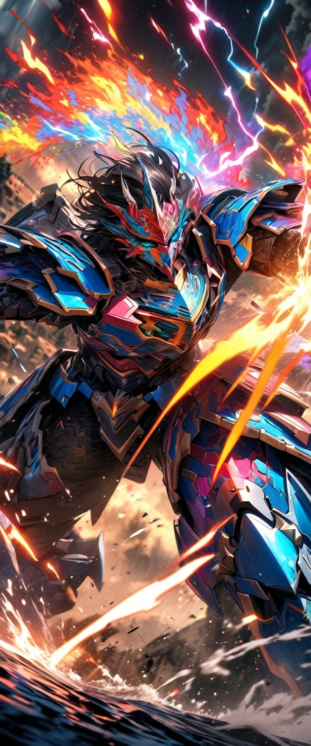 absurdres, highres, ultra detailed, HDR, masterpiece, extremely detailed face and eyes, colorful Mecha armor dragon knight, Epic mecha Dragon mask,,colorful Black hair , , solo, ,man, handsome, , , Epic fight scene, colorful flames splashing effect,colorful lightning effect,glowing glitters