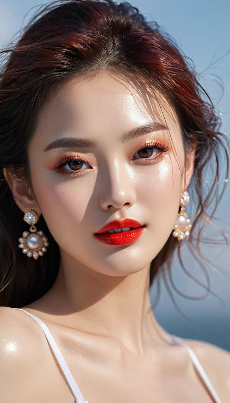 1 girl, Korean model, extremely beautiful, perfect body. 8K photo quality, lifelike, masterpiece, sharpest and highest contrast, super realistic color photos. Her hair is pink, long and smooth, the wind blows it beautifully under the bright sunlight. Beautiful face, perfect and sexy, holy, perfectly proportioned, beautiful in every detail, ((shiny)), high-end cosmetic makeup. Bright smile, pure white teeth and details. Sexy glossy red pair, brilliant glossy red lips. Brown eyes, glossy, seductive, ((sharp makeup)), realistic, ((wet eyes)), details, pink eyeshadow, eyelashes, blush, high-end cosmetics. Two delicate eyelids, perfectly beautiful and detailed, black eyelashes. Eyebrows are curved, sparse, sharp and detailed. High and detailed nose. Blush, prominent and detailed cheekbones. ((Bright white skin)), detailed pores, shiny skin, smooth and shiny skin. Hands are beautiful, perfect, ((no flaws)), no defects. Her breasts are big and full, her nipples are prominent and detailed, her cleavage is deep and firm, tight under her bra. Buttocks are plump and fit into underwear. Mesh bra, metallic thread, ((shiny)). Body-tight underwear, bright red color. 3-hole leather jacket, red dress, necklace, earrings, bracelet. Sharp photo of the girl's face. Sunlight sparkled, illuminating the girl's body, illuminating her shiny face.