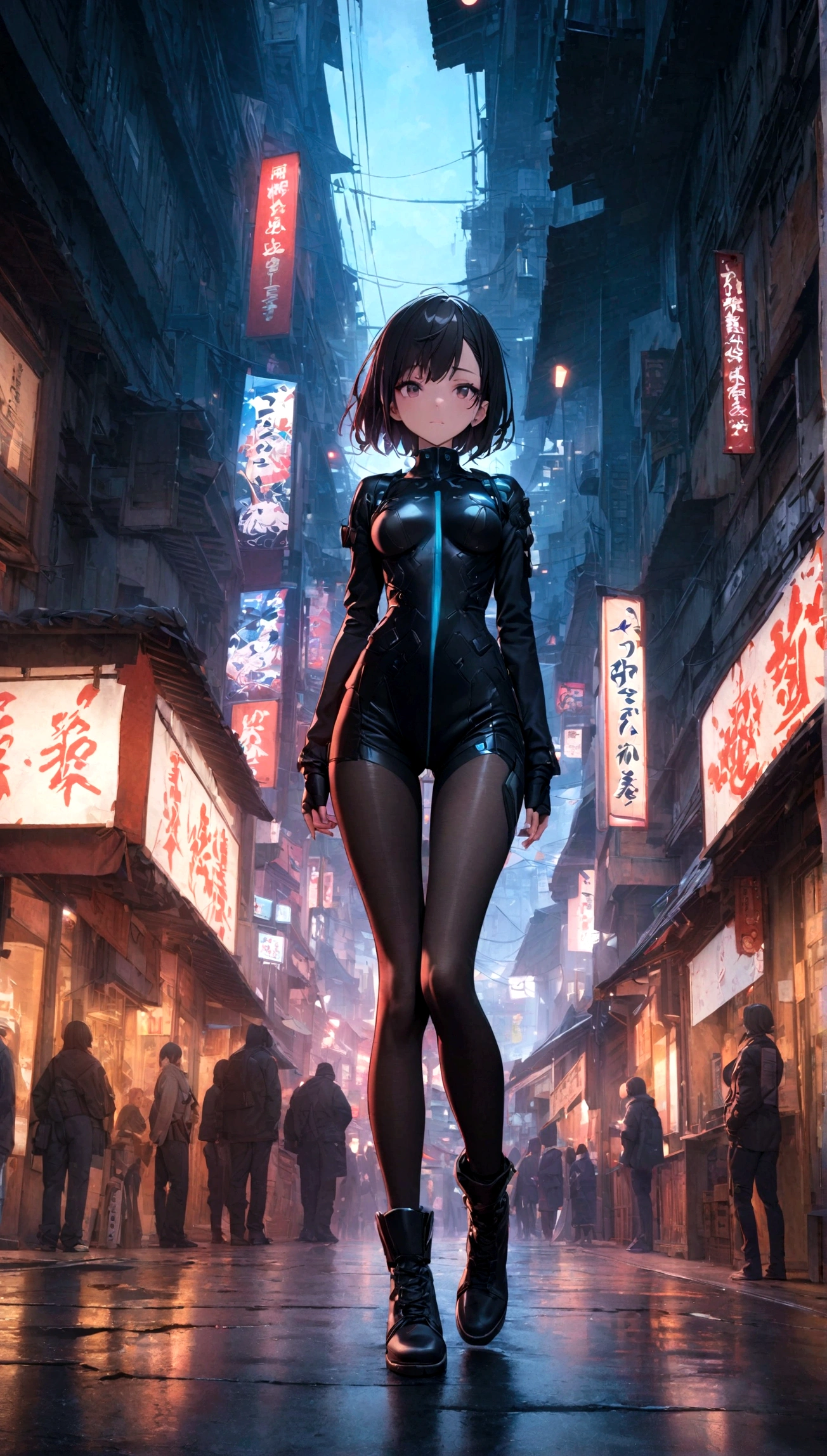 A girl in a Batsuit, ultra-detailed, 8k, cinematic lighting, dramatic angles, moody colors, masterpiece, standing confidently on a rain-soaked street in Gotham City at night, stern expression, billowing cape, gritty dystopian atmosphere, neon lights, eerie glow, anime style.