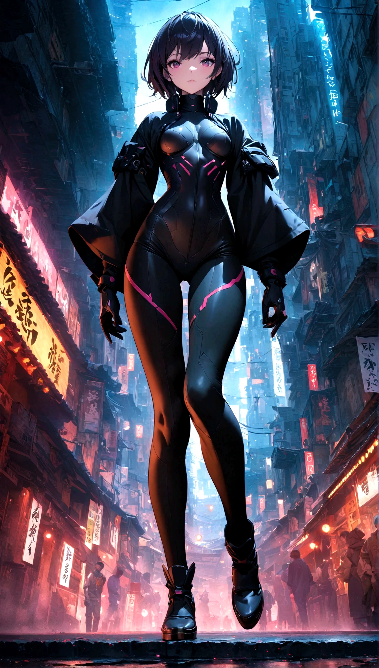 (Extremely detailed CG unity 8k wallpaper), (Extremely detailed), masterpiece, best quality, Japan, 《The City of the Killing》, Megumi Kishimoto, Solitary, short hair, medium breast, black combat tights, looking at the audience, Thigh gap, Cyberpunk