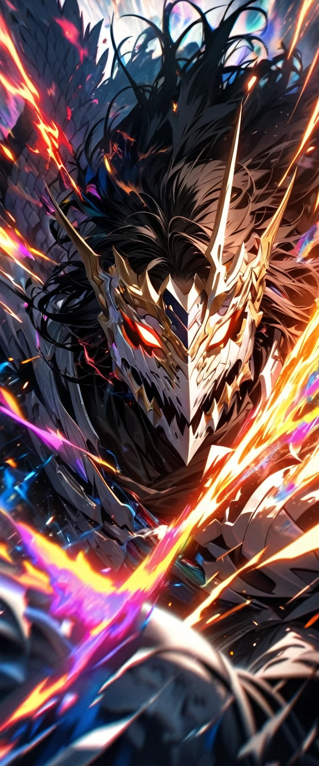 absurdres, highres, ultra detailed, HDR, masterpiece, extremely detailed face and eyes, white armor dragon knight, Epic Dragon mask,,colorful Black hair , , solo, ,man, handsome, , , Epic fight scene, colorful flames splashing effect,colorful lightning  effect,glowing glitters 