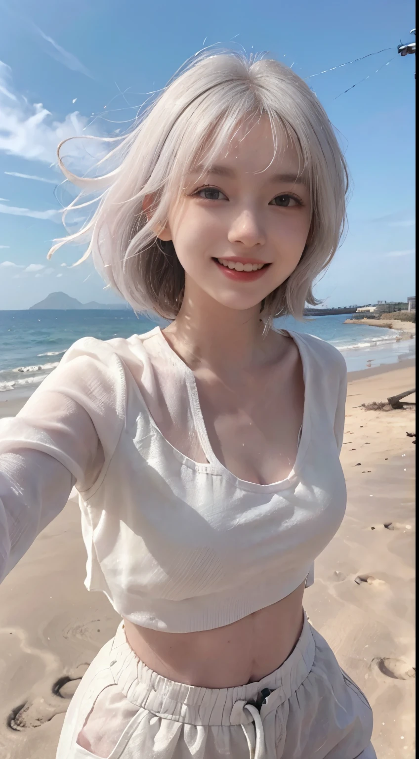 Best image quality、RAW Photos、超A high resolution、21 years old Korean、Small breasts、Dynamic Angle、Cowboy Shot、Chaos in its most beautiful form、elegant、Brutalist Design、Vibrant colors、Beautiful white hair、Short Bob、smile、fun、smile、Glowing White Skin、Beautiful eyes with random colors、Very thin lips、Beautiful eyes in every detail、 Narrow eyes、Cheeks are pale pink、Eyelash length、Beautiful double eyelids、eye shadow、Bright white hair、Crop top、Lightweight see-through jacket、Harem pants、Sandy Beach、Shooting from diagonally below、Low - Angle、The wind is blowing、Hair fluttering、boost mood、Full body photo