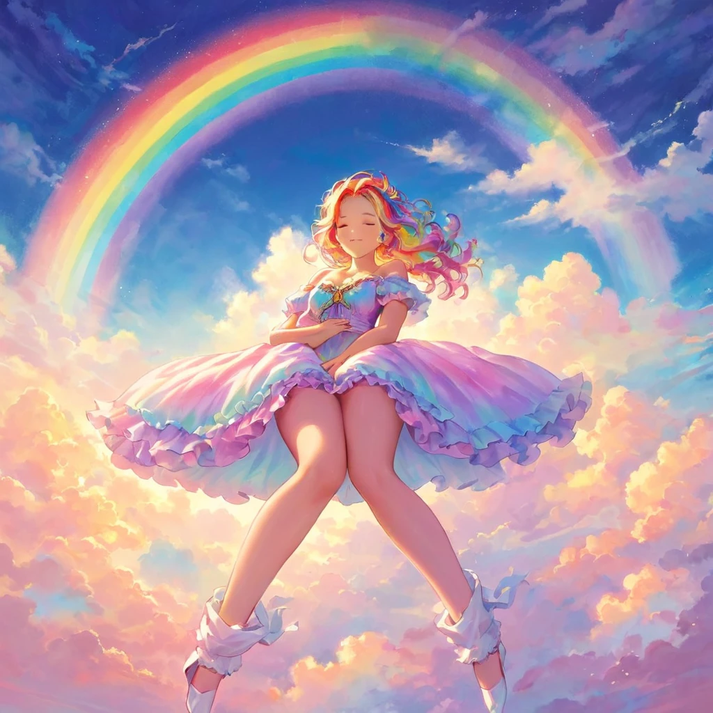 A stunningly ethereal woman, composed of a dazzling array of rainbow hues, reclines gracefully at the end of a radiant rainbow amidst the fluffy clouds in the sky. Bathed in dynamic and enchanting lighting, accentuates her vibrant, full-bodied form. Fantasy art. Masterpiece 