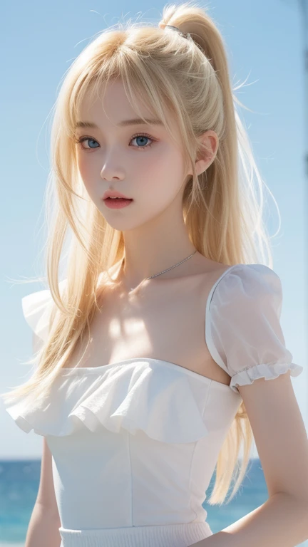 Flat Chest、(Very detailed), Very beautiful platinum blonde super long straight silky hair、Cute white bikini,(Frill dress),(Short sleeve),Such beautiful, big, bright blue eyes、Very big eyes,ponytail，Half Up，Upper Body、close、face、かわいらしい笑face,Look forward, 8--old,enageo tail,(No tail),2D, masterpiece, highest quality, And soul, Detailed eyes, 詳しいface, blondeの美少女、Just One,blondeのスーパーロングストレートヘア, (blonde),  Bangs between the eyes、faceの中心に髪、片Hair above the eyes、Hair above the eyes、Ear hair, , Single Blade, (Single Blade), (Side Blade), Pink Ribbon, Ribbon on neck, (White sleeves), Background blur、小face美少女、Cheek highlight