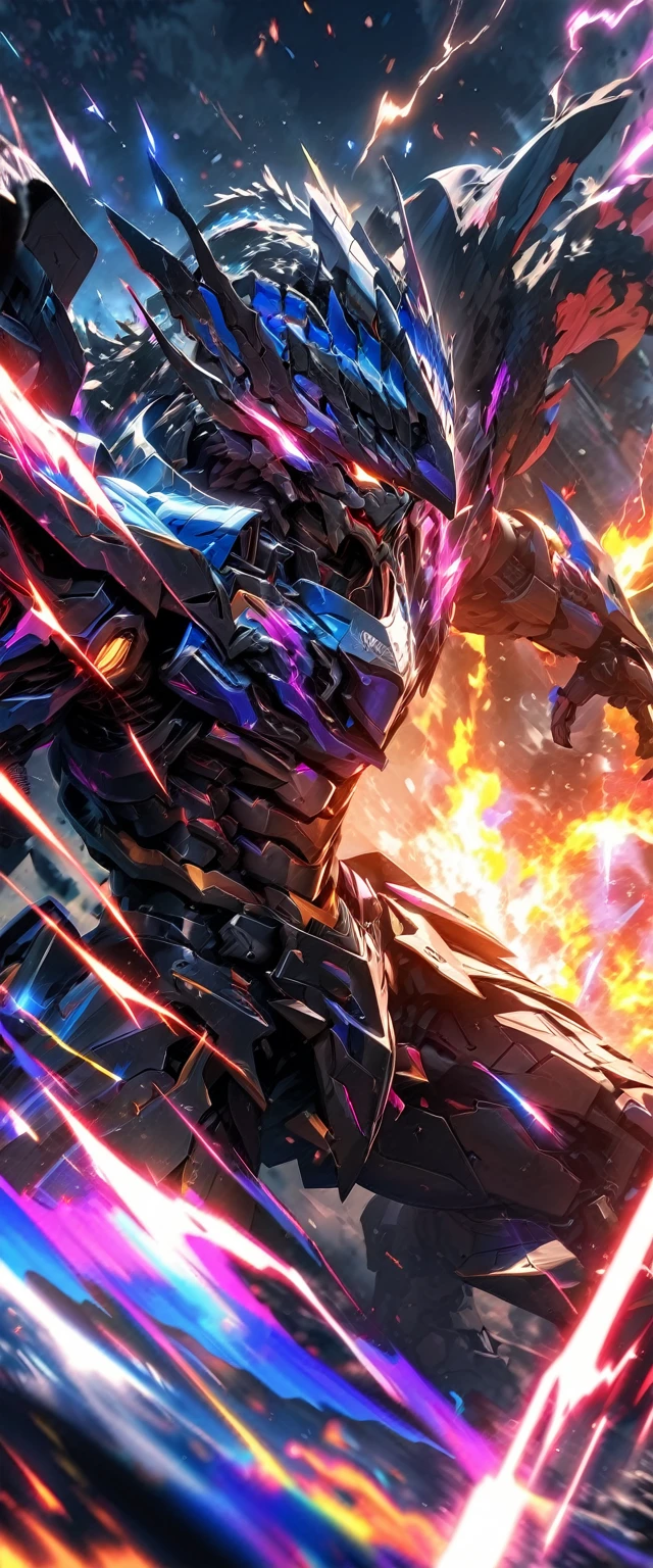 absurdres, highres, ultra detailed, HDR, masterpiece, extremely detailed face and eyes, colorful Mecha armor dragon knight, Epic mecha Dragon helmet,,colorful Black hair , , solo, ,man, handsome, , , Epic fight scene, colorful flames splashing effect,colorful lightning effect,glowing glitters