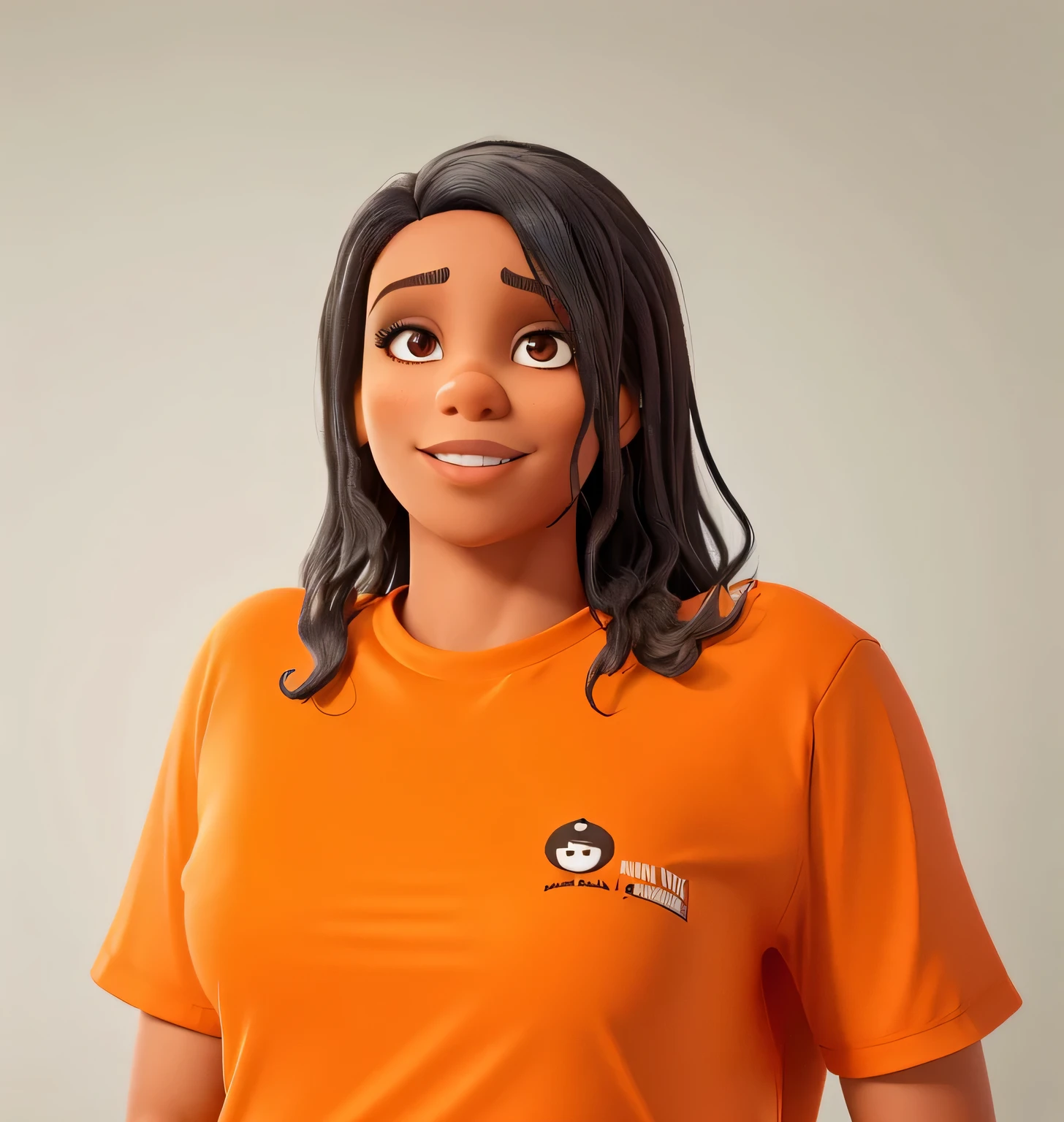 Mulher negra, cabelo preto, batom vermelho escuro, looking at the camera. Camisa laranja. Sorridente. Ajustar olhos