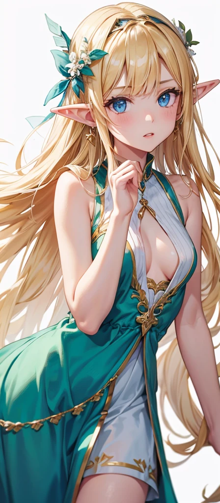 Deedlit,1girl,solo,pointy ears,blonde hair,long hair,elf,blue eyes,white background,simple background,upper body,jewelry,earrings,sleeveless,circlet,breasts,bare shoulders,dress,parted lips,green dress,bangs,sleeveless dress,parted bangs,small breasts,retro artstyle,traditional media,score_9,score_8_up,