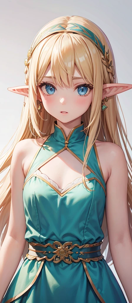 Deedlit,1girl,solo,pointy ears,blonde hair,long hair,elf,blue eyes,white background,simple background,upper body,jewelry,earrings,sleeveless,circlet,breasts,bare shoulders,dress,parted lips,green dress,bangs,sleeveless dress,parted bangs,small breasts,retro artstyle,traditional media,score_9,score_8_up,