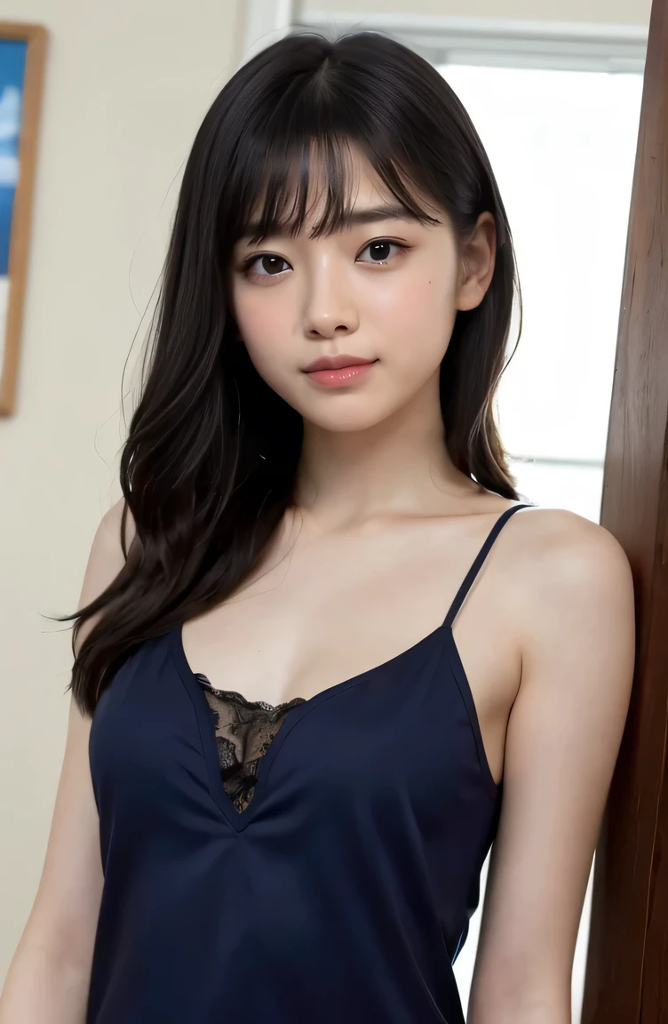 one beautiful girl、Dark blue camisole, (blazer:0.0) 、A dark-haired、open white shirt schools、early morning、14years、smile at the viewer, arms at sides, standing straight,