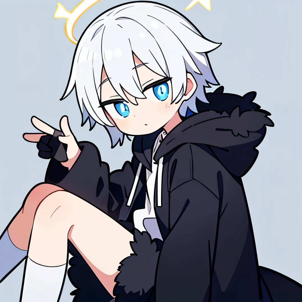  One boy, alone, Short Hair, (White Hair, Blue eyes with vertical pupils), Angel Halo, Black long coat, Black fur hood, Angel&#39;s wing, Vertical scar, Right eye is hidden, Performance, laughing, Delighted