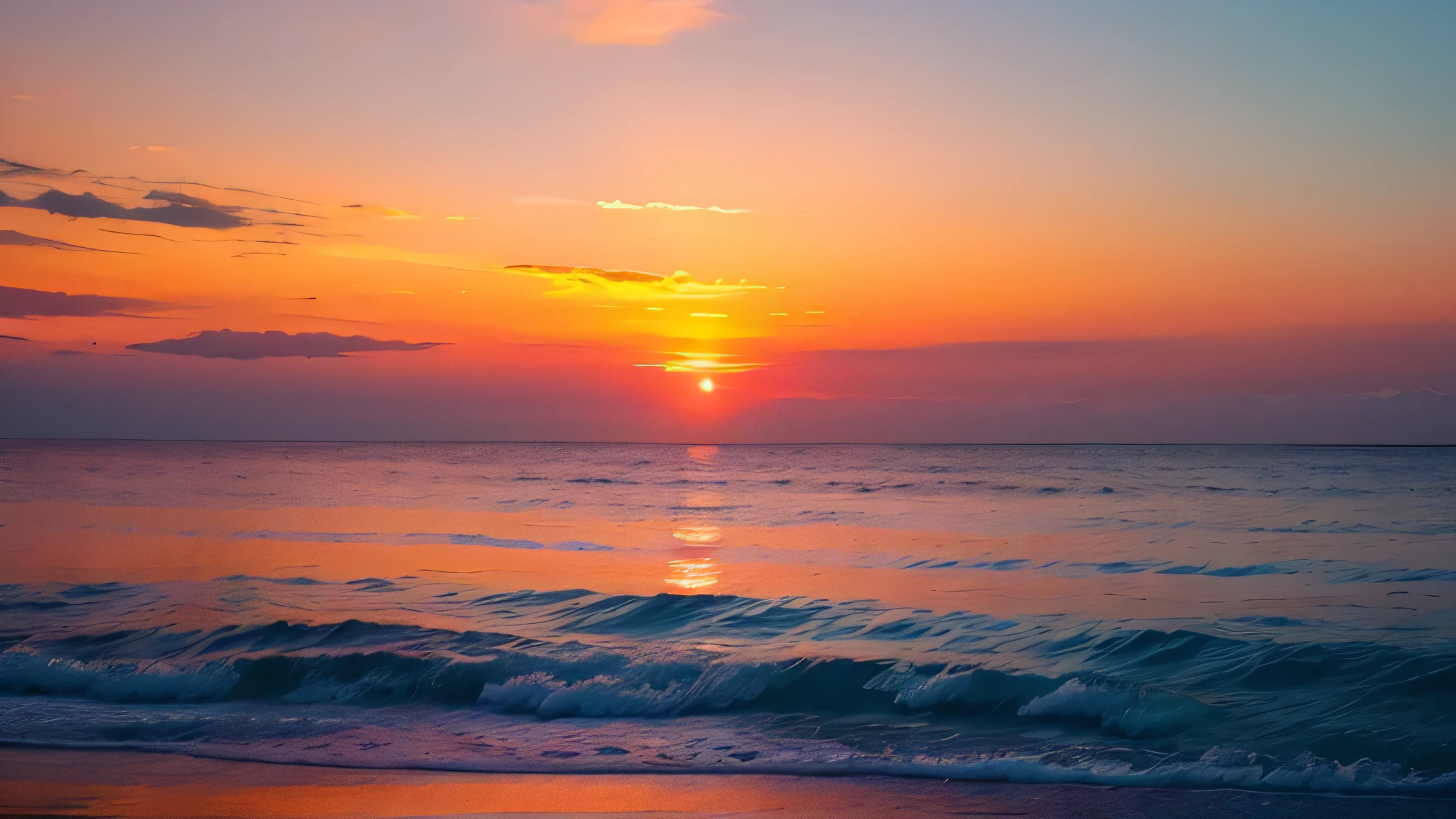 Serene sunset over a calm ocean, with hues of orange and pink reflecting off the water? Or perhaps a vibrant coral reef teeming with colorful fish and marine life.