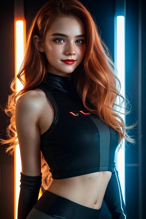 16 years old robo girl, beautiful big striking eyes, delicate black eyebrows, rosy cheeks, red lips, smiling face very white skin, long wavy orange hair cascading around her face and shoulders, detailed eyelashes, photorealistic cyberpunk style, perfectly focused, creamy smooth complexion, beautifully lit by soft diffused studio lights, extremely fine details, finely textured skin and hair full head to toe photo, wearing sport leggings, cyberpunk, 🤖