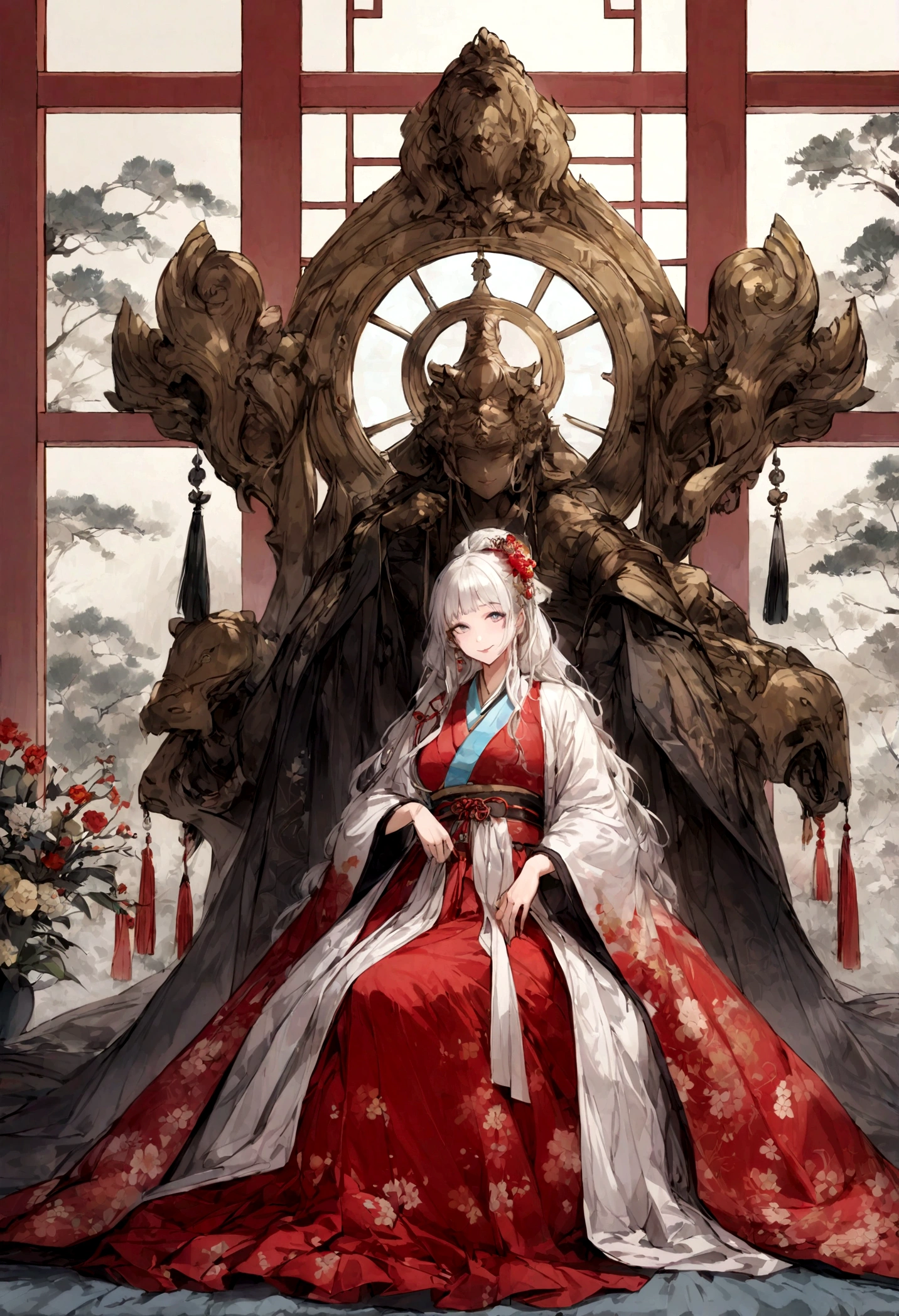 A woman in her fifties wearing a kimono sitting on a bed with a microphone, smile、Beautiful Eyes、Hanfu, white Hanfu, palace ， a girl in Hanfu, Wearing Ancient Chinese Clothing, kimono, Wearing ancient Chinese costumes, red kimono with floral print, Flowing hair and long robes, Traditional Japanese, Japanese Kimono, Traditional geisha costume, Chinese traditional clothing, Korean Hanbok