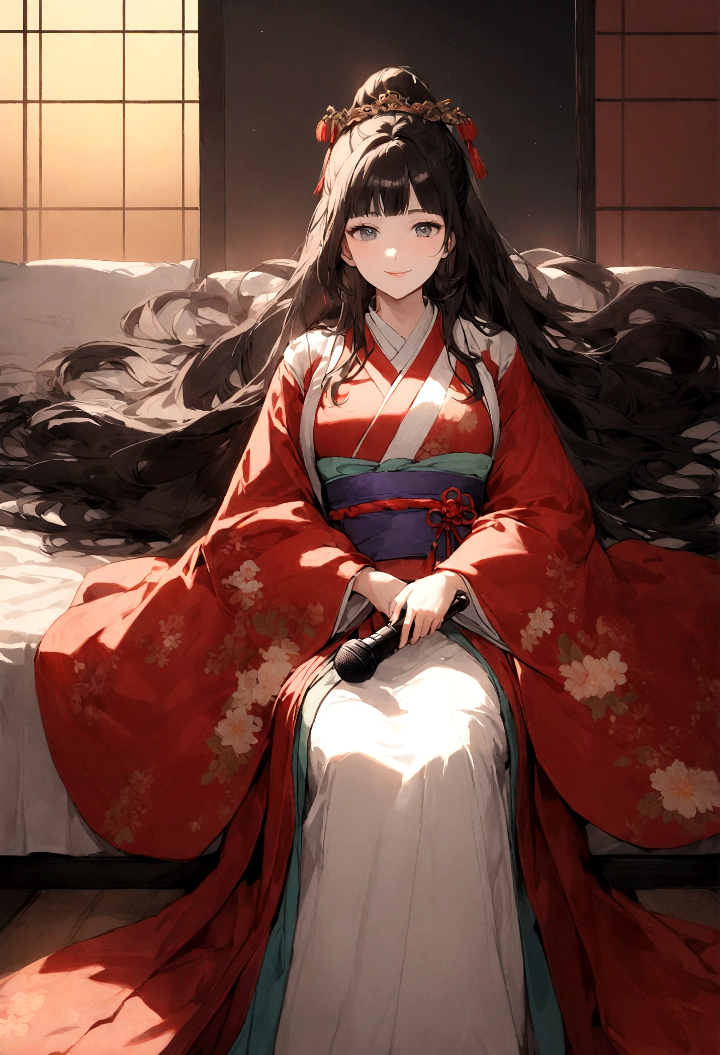 A woman in her fifties wearing a kimono sitting on a bed with a microphone, smile、Beautiful Eyes、Hanfu, white Hanfu, palace , a girl in Hanfu, Wearing Ancient Chinese Clothing, kimono, Wearing ancient Chinese costumes, red kimono with floral print, Flowing hair and long robes, Traditional Japanese, Japanese Kimono, Traditional geisha costume, Chinese traditional clothing, Korean Hanbok