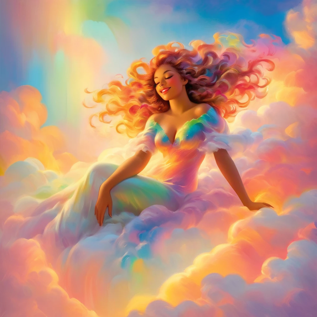 A stunningly ethereal woman, composed of a dazzling array of rainbow hues, reclines gracefully at the end of a radiant rainbow amidst the fluffy clouds in the sky. Bathed in dynamic and enchanting lighting, accentuates her vibrant, full-bodied form. Fantasy art. Masterpiece 