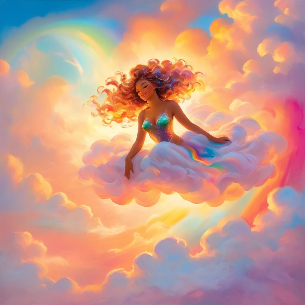 A stunningly ethereal woman, composed of a dazzling array of rainbow hues, reclines gracefully at the end of a radiant rainbow amidst the fluffy clouds in the sky. Bathed in dynamic and enchanting lighting, accentuates her vibrant, full-bodied form. Fantasy art. Masterpiece