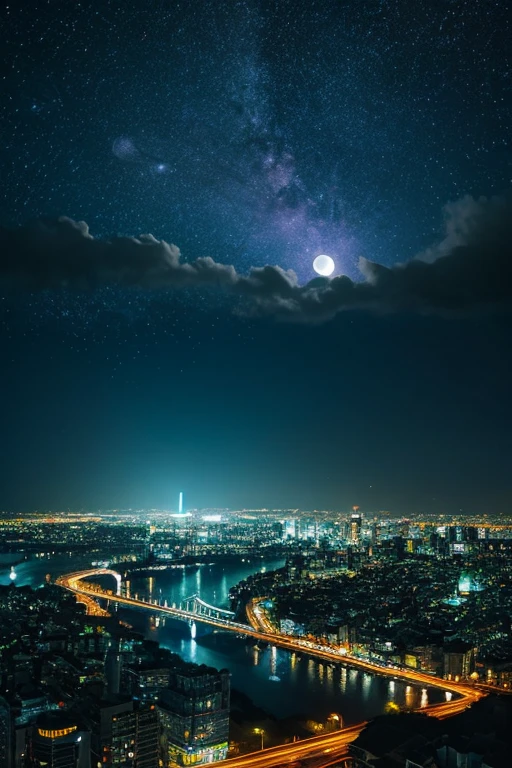 highest quality、Landscape painting、Neon lights in the city、Starry Sky、moon
