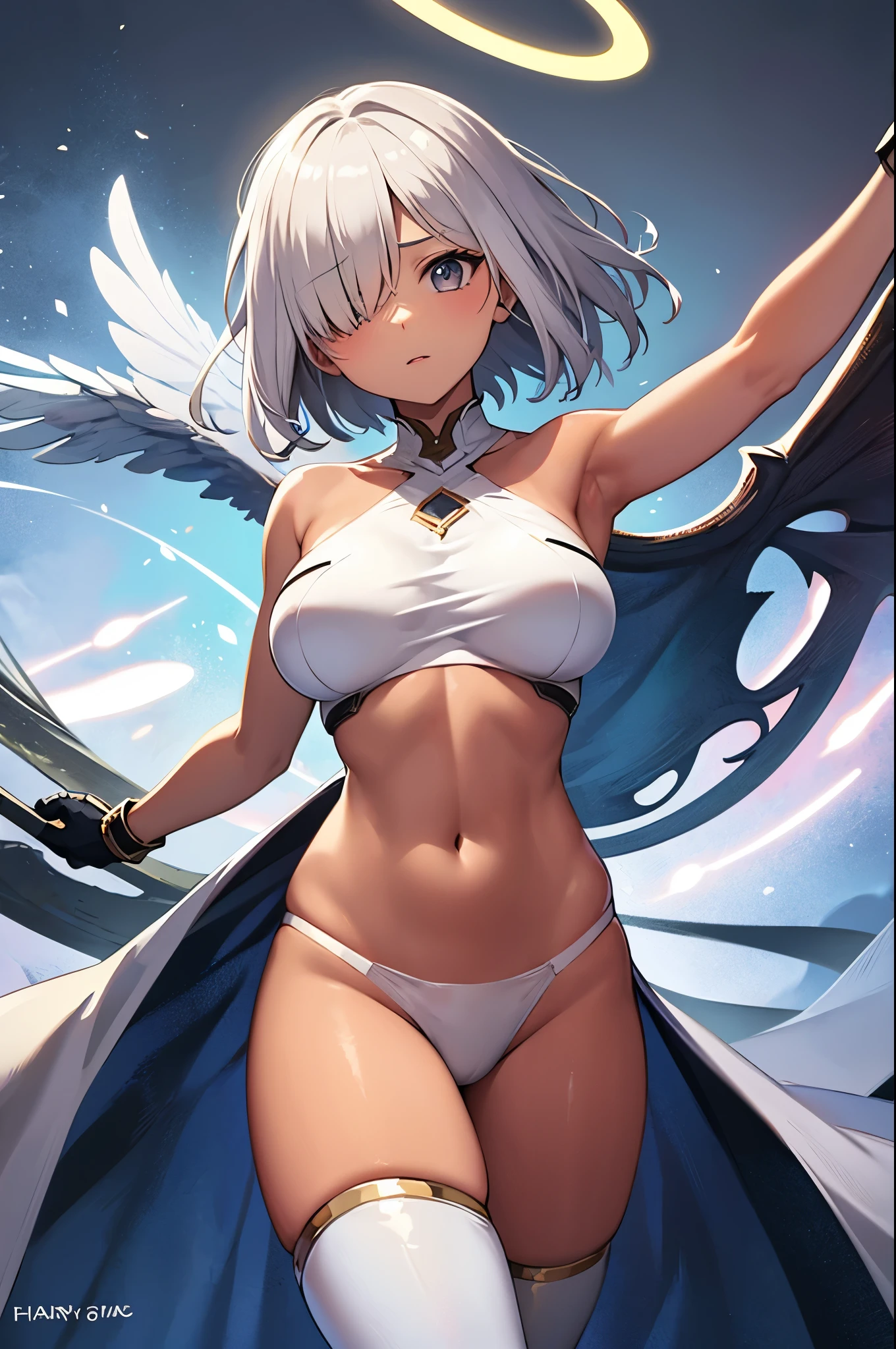 fantasy, 1angel_girl,_teen,lver_hair, short_hair, long_bangs, halo,bare_shoulder,thighhighs,silver_armor, waist_armor, large_breasts,half_eyes,1pair_wings, dynamic_pose_fighting,floating, bare_crotch, headgear,gauntlet, greaves,city_background,slightly_spread_legs, solo, groin_naked,tan_skin,hair_over_one_eye,