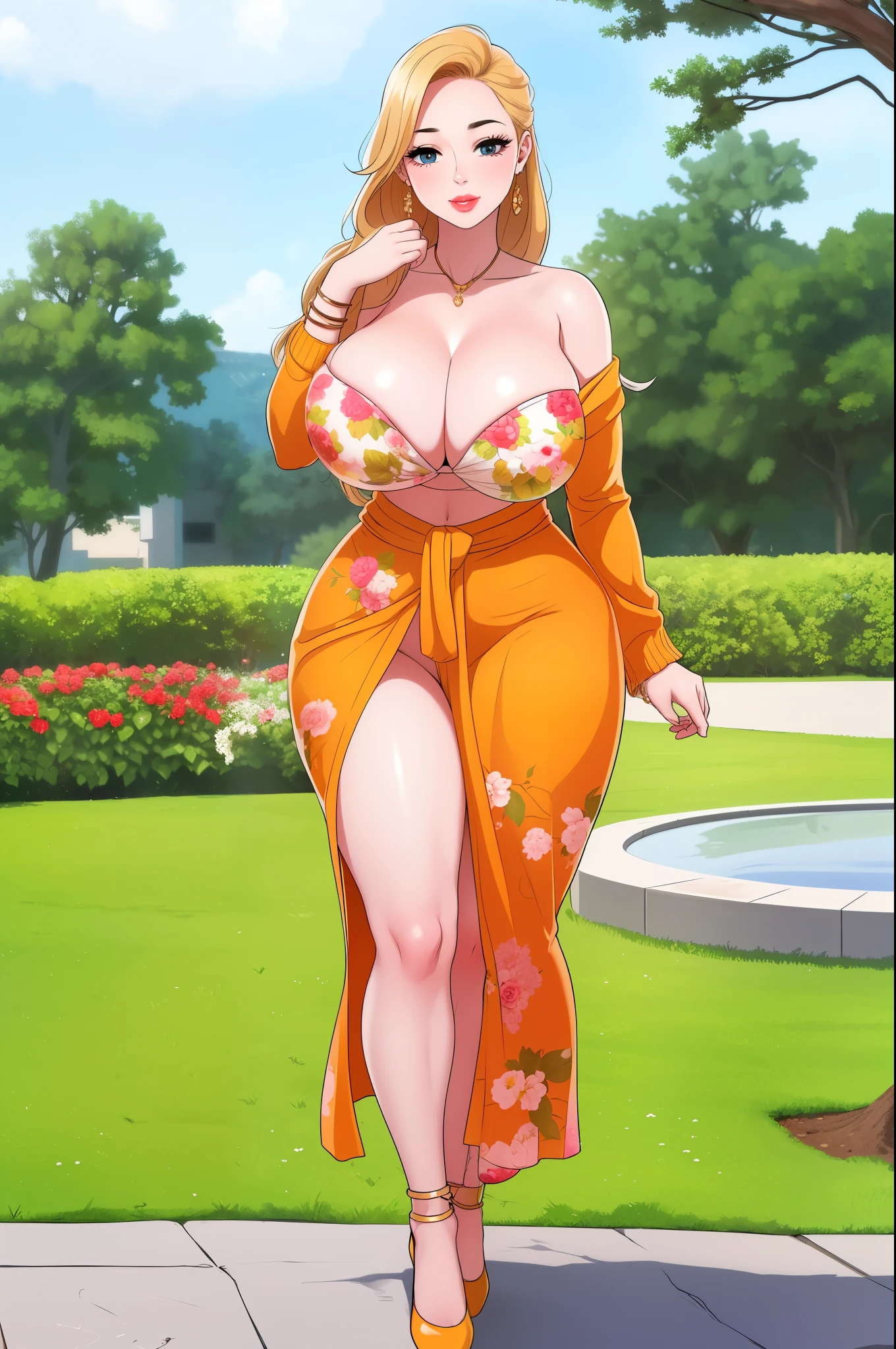 An extremely beautiful busty woman with gold blonde long silky hair, blue oceanic eyes, extremely super bright snow white fair stunning flawless glowing lush shiny white skin, and complexion, a perfect tight hourglass figure, a thick plump ass, cleavage, and perfect hips, wearing a short sexy loose revealing white floral dress with red flower patterns along with a red sash around the waist and a light brown off-shoulder cardigan, yellow heels, jewelry on the neck, gold bangles on her wrist, and anklets on her legs, gold earrings, a cute adorable smile, pink puffy lips, pink nails, red rose on hair, standing straight, hands joined together, looking at the viewer, big garden in the background, day time, show full body from head to feet.