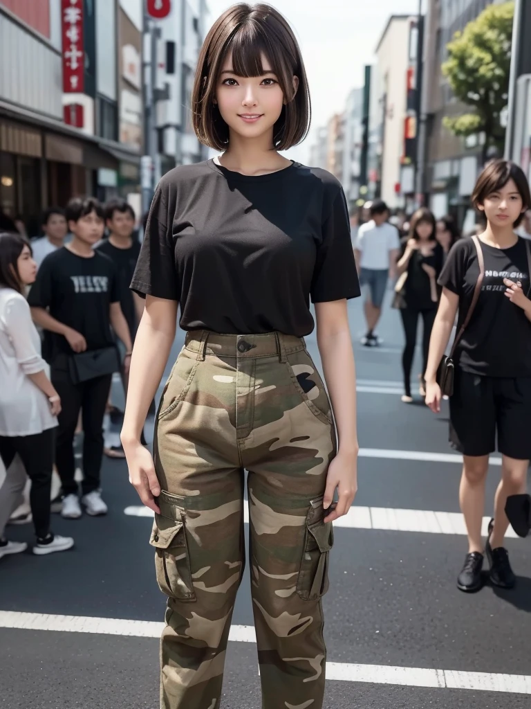 (8k, RAW Photos, highest quality, masterpiece:1.2), (Realistic, photo-Realistic:1.4), (Highly detailed 8k wallpaper), ((Full Body Shot)), (1 girl), Sharp focus, Depth of written boundary, Cinematic lighting, Soft Light, 緻密な美しさのeye, eye_Chan, Very beautiful 17 year old girl, innocent big eyes, Realistic, photo Realistic, Highly detailed cute girl, (Thin thighs), (Model Body Type), 18-year-old, (Black T-shirt), (Camouflage cargo long pants), (((Fold your arms in front of your chest and act arrogantly))), ((A happy smile)), Parted lips, Watching the audience, (On the streets of Tokyo) , (Brown Hair),（Short Bob Hair), (Asymmetrical bangs)