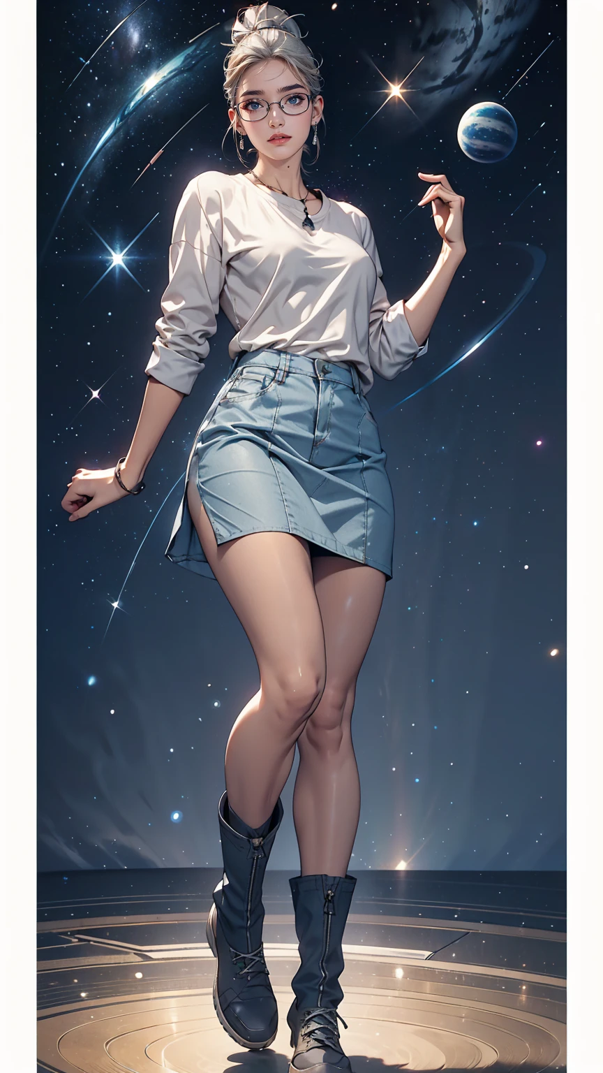 One Girl、Small breasts, wears thick-framed glasses that accentuate his facial features, Short hair, Ponytail and gray, Silver Shirt, She is wearing a tight shirt underneath her shirt, Vibrant color details reminiscent of stars and planets in space, Blue skirt and high-top boots with non-slip soles,